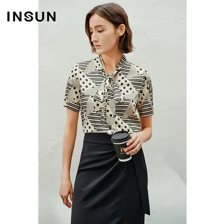 INSUN恩裳线上专选夏季条纹波点飘带真丝衬衫商品大图