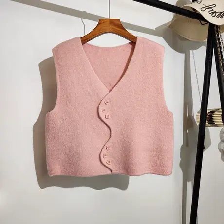 针织马甲开衫女春季新款韩版宽松v领短款小个子纯色毛衣背心外穿商品大图