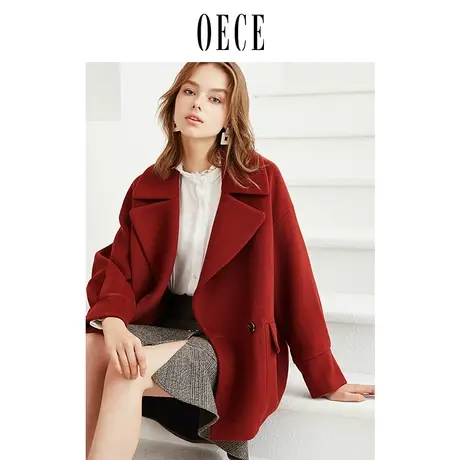 Oece秋冬装新款 韩版时尚羊毛呢子外套女双排扣呢大衣商品大图