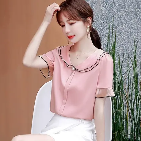 短袖t恤女装2023新款潮夏季很仙的短款上衣设计感女小众雪纺小衫商品大图