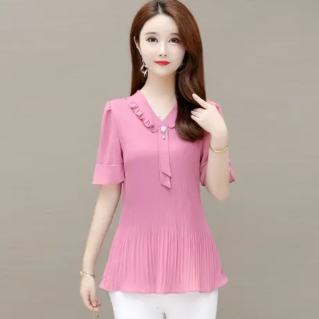 雪纺衫女夏装短袖2023年新款夏季漂亮小衫收腰洋气遮肚子胖mm上衣商品大图