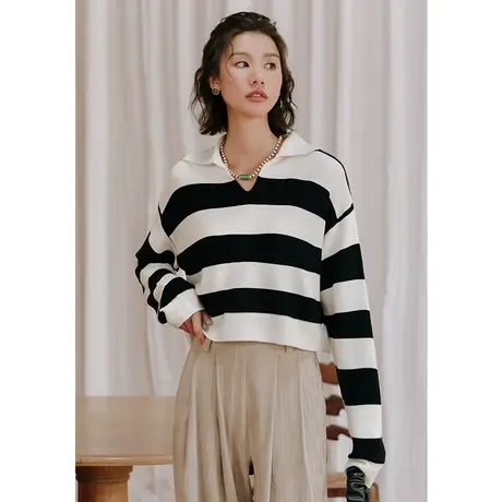 弥古法式条纹针织衫长袖薄款翻领polo衫女春秋显瘦短款上衣高级感图片