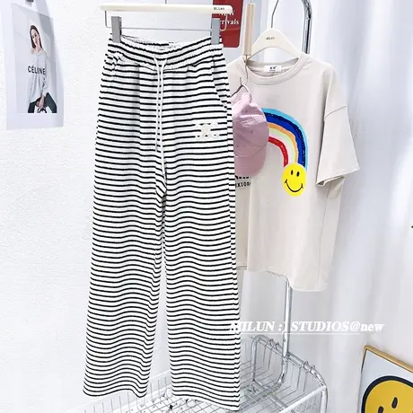 2023春季新款直筒裤子韩国东大门毛巾质感细条纹阔腿休闲裤高腰女图片