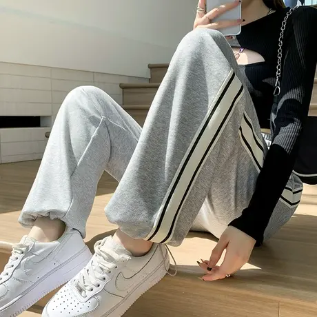 灰色运动裤女束脚春秋2023新款加长高个子显瘦两穿阔腿直筒卫裤子商品大图