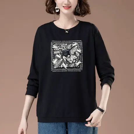 长袖T恤女春秋季新款宽松加肥加大码女装休闲印花纯棉显瘦打底衫商品大图