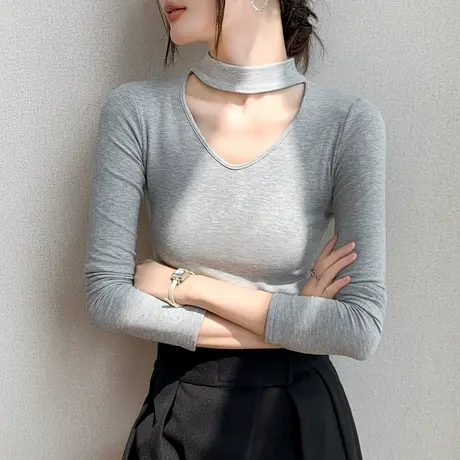 挂脖打底衫女2023秋冬新品V领欧货设计感小众洋气磨毛长袖T恤上衣图片