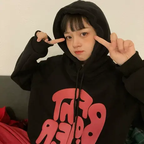 红续发泡字母加绒加厚连帽卫衣女插肩袖小个子学院风外套冬季新款图片