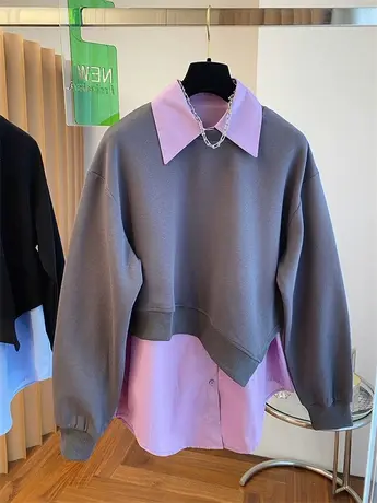 2023新款别致轻奢设计感小众宽松休闲卫衣加衬衫两件套装上衣女秋商品大图