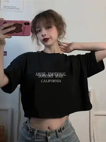 辣妹正肩短袖T恤女复古小众黑色打底衫夏季宽松别致短款露脐上衣商品大图