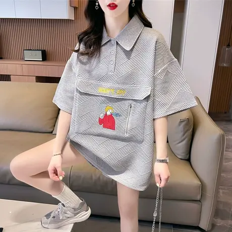 华夫格提花短袖t恤女夏装韩版宽松大码中长款小众设计感翻领上衣商品大图