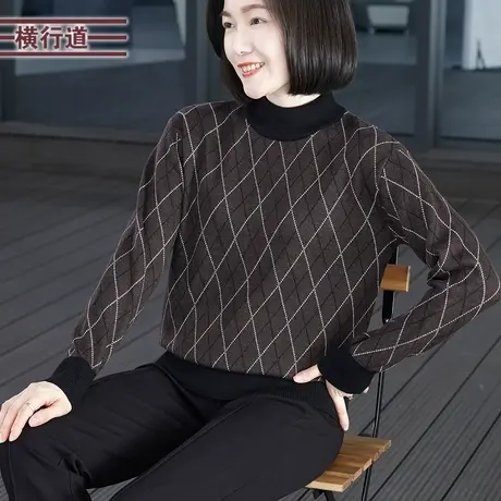 2024春季新款简约半高领复古格子宽松长袖毛衣保暖女装大码上衣服商品大图