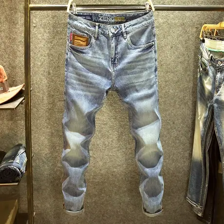 高端品质水洗牛仔裤男修身百搭弹力裤子潮牌复古蓝时尚青年直筒裤商品大图