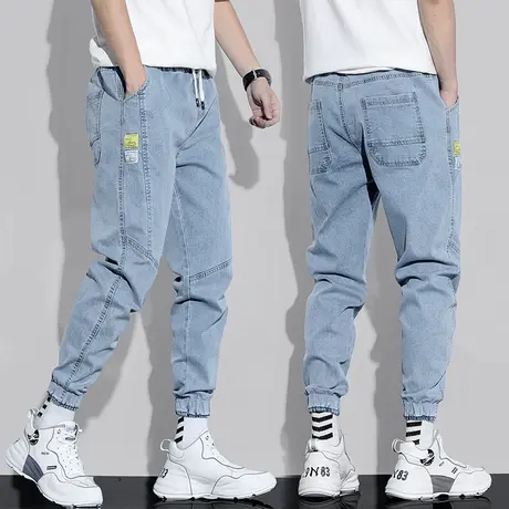 浅蓝色工装牛仔裤男士夏季薄款夏天加肥加大码男装弹力弹性男裤子商品大图