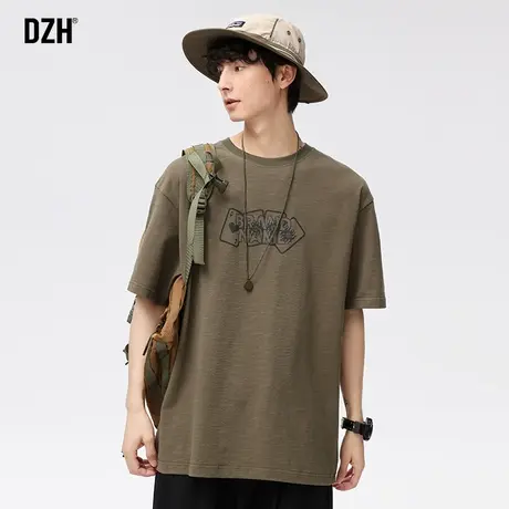 男士橄榄绿重磅t恤男短袖美式潮牌发泡印花体恤男装2023新款夏季图片