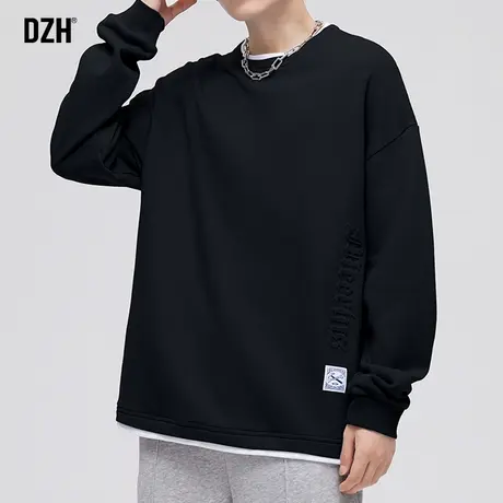 男士黑色假两件秋季卫衣外套男春秋款圆领宽松纯色男装2023年新款图片