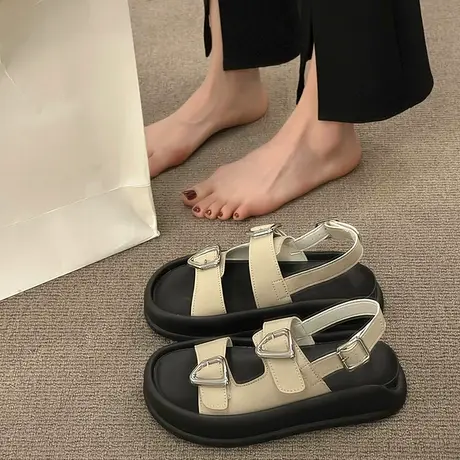 罗马凉鞋女夏季厚底外穿2024新款百搭金属扣休闲配裙鞋复古松糕鞋商品大图
