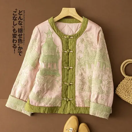 享永子【重工满绣】醋酸拼砂洗亚麻棉服棉衣手工盘扣文艺复古上衣商品大图