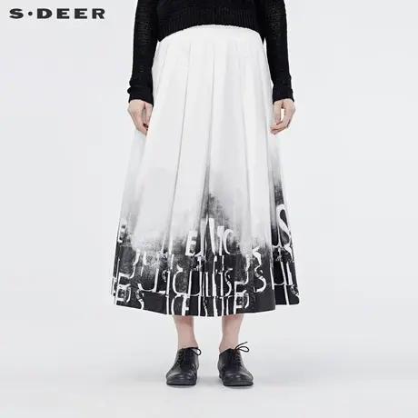 sdeer圣迪奥2019春文艺休闲水墨字母印花百褶A版长裙  S19181108图片
