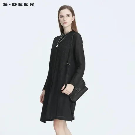 sdeer圣迪奥春秋休闲复古暗门襟绣花棉麻长款黑色衬衫女S19380501图片