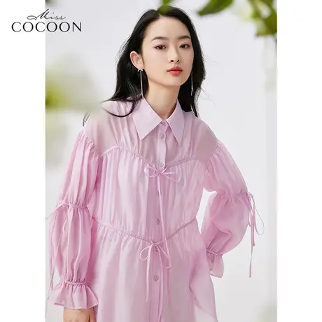 missCOCOON蝴蝶结抽褶长袖衬衫女2023夏装新款宽松设计感小众衬衣商品大图