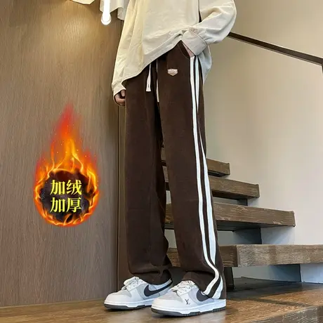 E冬季新款男士休闲复古灯芯绒直筒裤子潮牌百搭加绒学生垂感长裤商品大图