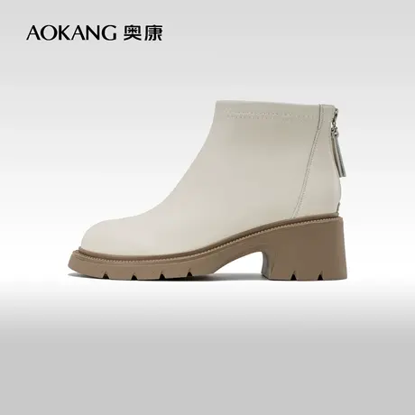 奥康女鞋 2023冬季新款米色厚底烟筒靴时尚百搭及踝靴通勤短靴图片