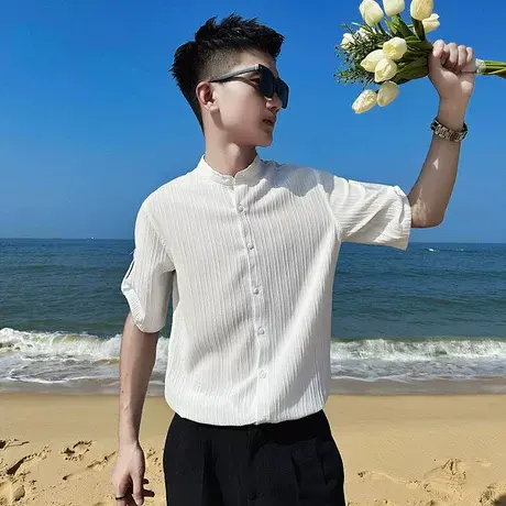 时尚小立领纯色修身短袖衬衫2023新款小众条纹ins潮男半袖衬衣图片
