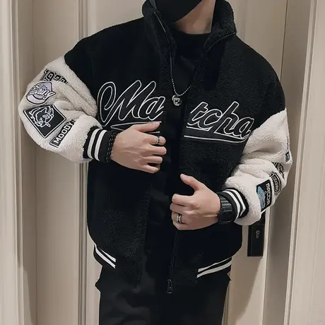 摇粒绒棉衣男冬季2023美式刺绣贴布设计感青年学生字母羊羔毛外套图片
