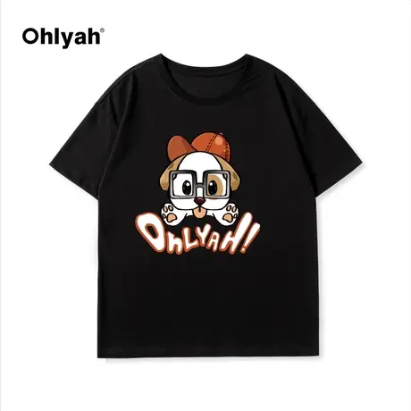 Ohlyah2024春夏新款黑色圆领修狗印花针织纯棉短袖T恤男女同款潮图片