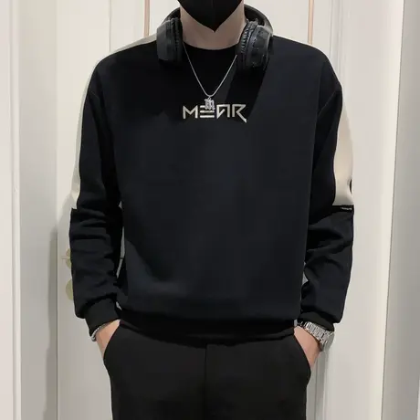 春秋季男士圆领卫衣男个性长袖痞帅上衣刺绣潮牌休闲拼接打底T恤商品大图