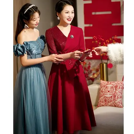 喜妈妈婚宴装晚礼服高贵年轻时尚结婚喜婆婆高端小个子婚礼连衣裙商品大图