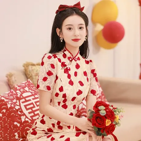 旗袍敬酒服新娘小个子高端轻奢小众伴娘服红色礼服蕾丝订婚连衣裙商品大图