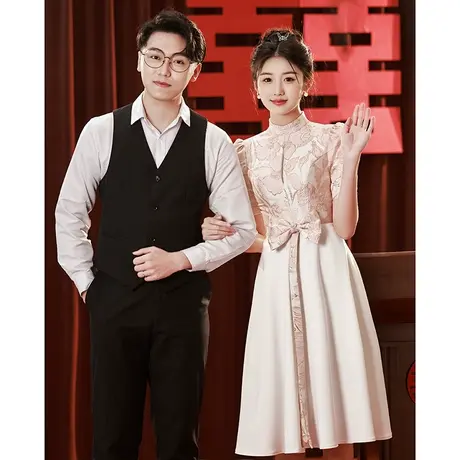 结婚登记领证礼服女夏季敬酒服2024新款新娘中长款订婚连衣裙粉色商品大图