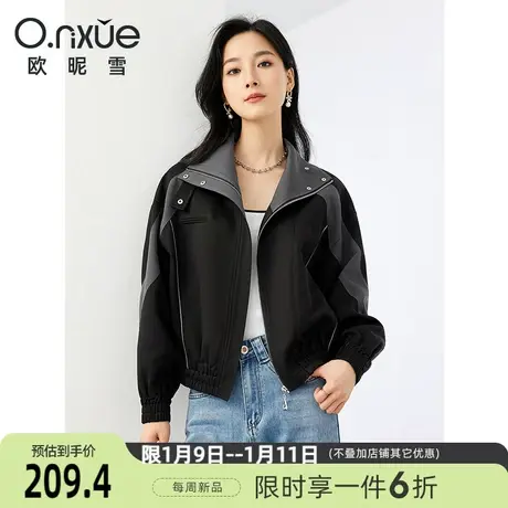 欧昵雪2024春季新款潮流翻领拼接个性冲锋衣女长袖直筒小个子外套商品大图