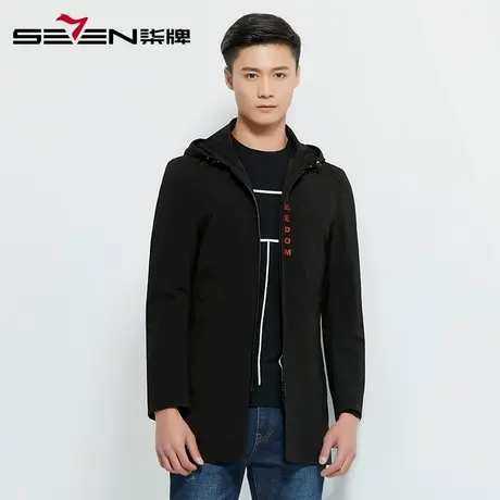 【清仓】柒牌男装春秋款连帽外套字母印花拼接设计感风衣时尚图片
