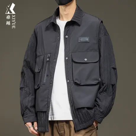 希越痞帅工装夹克外套男2024春季设计感假两件胖子大码男生衬衣潮商品大图
