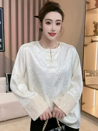 欧货新中式衬衫女2024春季新款洋气拼接亮片宽松显瘦圆领气质小衫商品大图