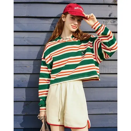 a022024春季新款美式校园复古风撞色短款条纹连帽女式卫衣图片