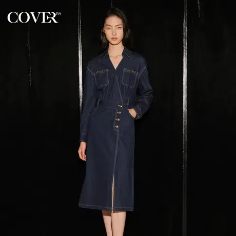 COVER2023秋季翻领斜门襟开叉直筒牛仔裙图片