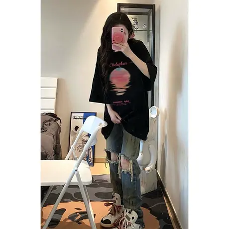 纯棉美式复古港味chic短袖t恤女夏季设计感宽松oversize半袖上衣商品大图