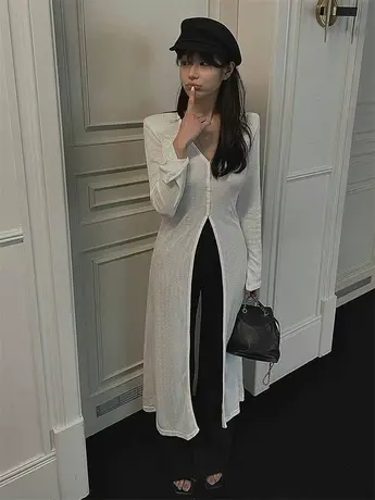 2024春夏季新款韩国东大门长袖纯色V领垫肩过膝长款罩衫防晒上衣图片