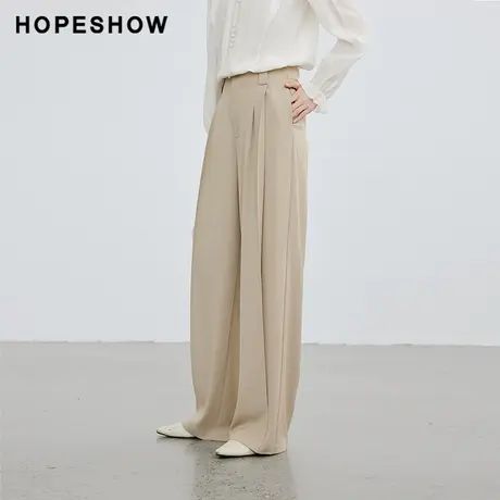 红袖纯色立体压褶阔腿裤女hopeshow2024春季新款垂感休闲纯色长裤商品大图