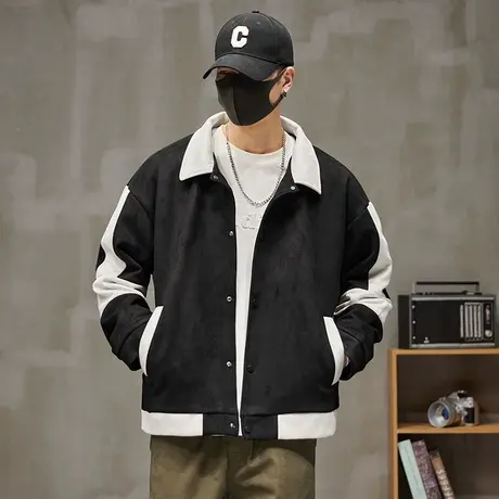 男装秋季撞色麂皮绒潮牌翻领夹克衫春秋款高端排扣棒球服秋天外套商品大图