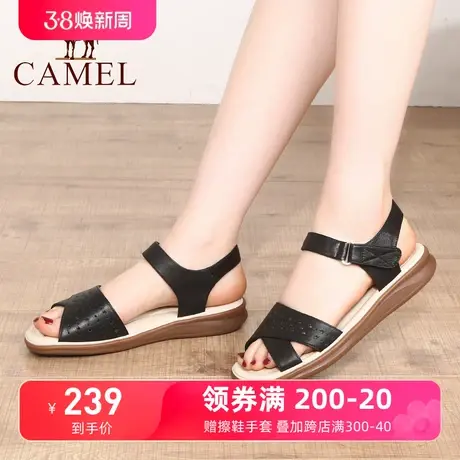 骆驼女鞋2023夏季新款一字带真皮软底妈妈凉鞋女魔术贴时尚凉鞋女图片