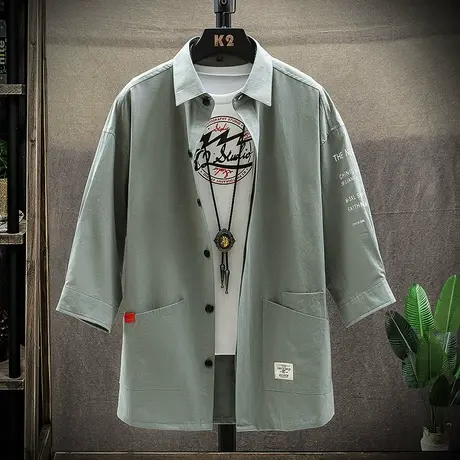 2023七分袖工装短袖衬衫男士宽松休闲衬衣帅气寸衫韩版潮流上衣服图片