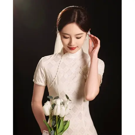 白色旗袍领证登记小个子小白裙蕾丝改良连衣裙2023新款女夏季日常商品大图