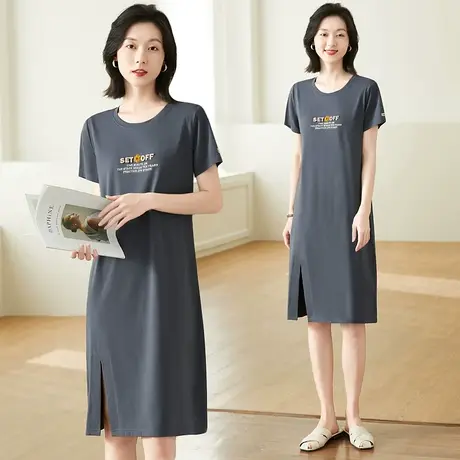 休闲过膝连衣裙女夏2023年新款时尚中长款t恤裙圆领纯棉运动裙子图片