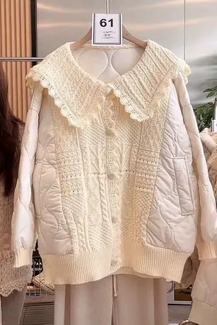 抖音爆款欧洲站棉服秋冬新款超仙甜美娃娃海军领针织拼接棉衣外套图片