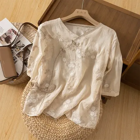 享永子中袖苎麻刺绣小衫重工气质高级感棉麻上衣百搭2023夏季新款图片