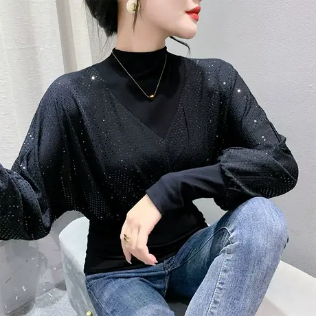 气质减龄烫钻T恤女长袖复古2023秋季性感上衣洋气宽松百搭打底衫商品大图